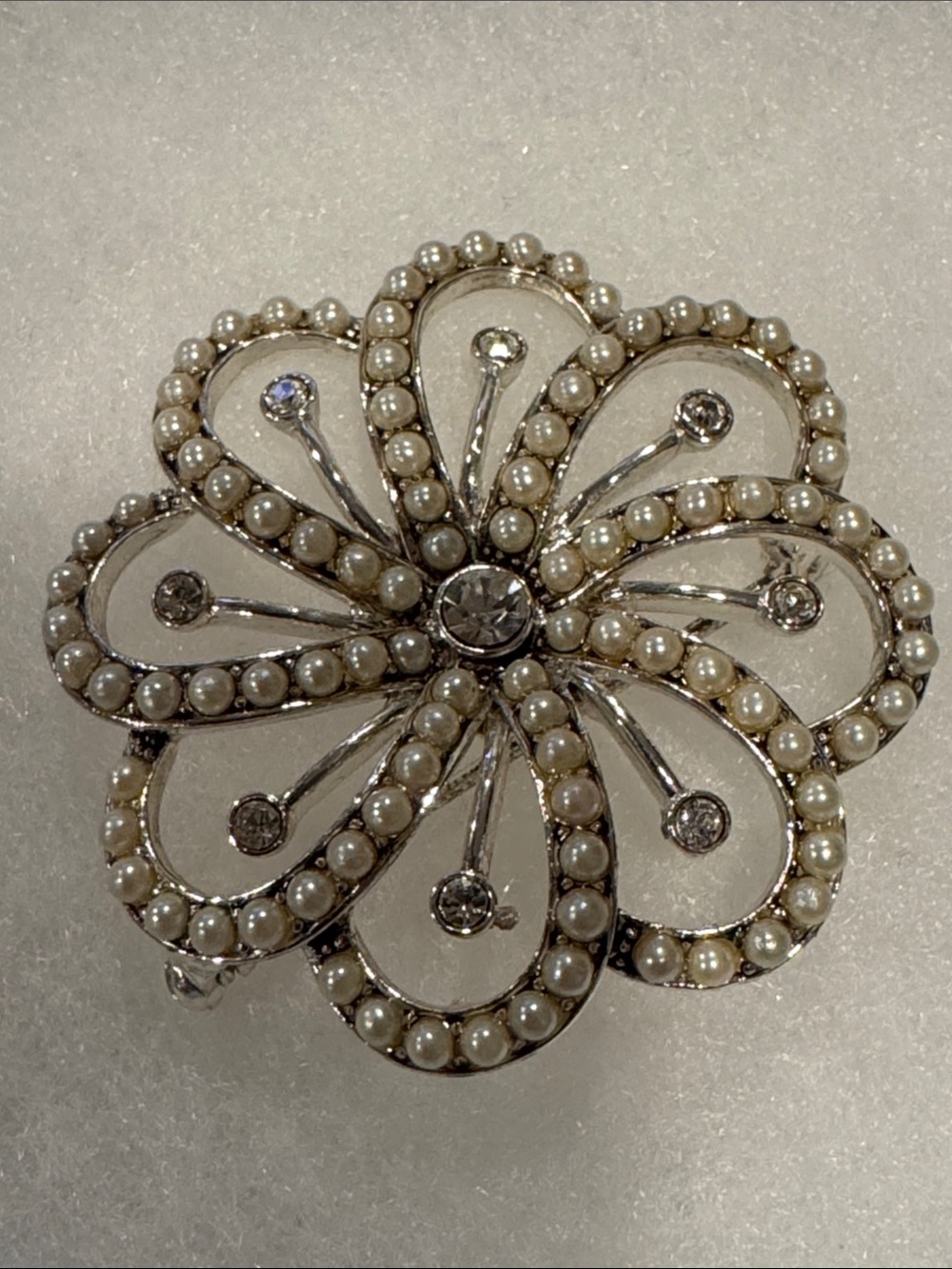 Monet Vintage Pearl Rhinestone Silver Tone Swirl Flower Brooch Pin Collectible